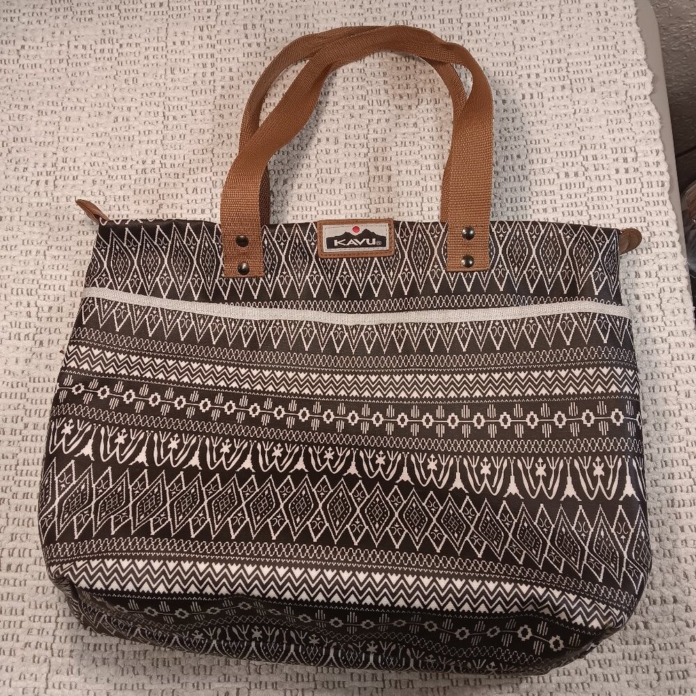 Kavu coated canvas black & white ikat tribal style print large tote bag purse
